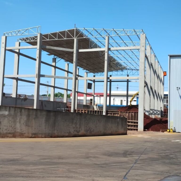 Pilares e vigas de concreto pré-moldado formando a estrutura de um galpão industrial em fase inicial de construção, com fundações e área de obra ao fundo.